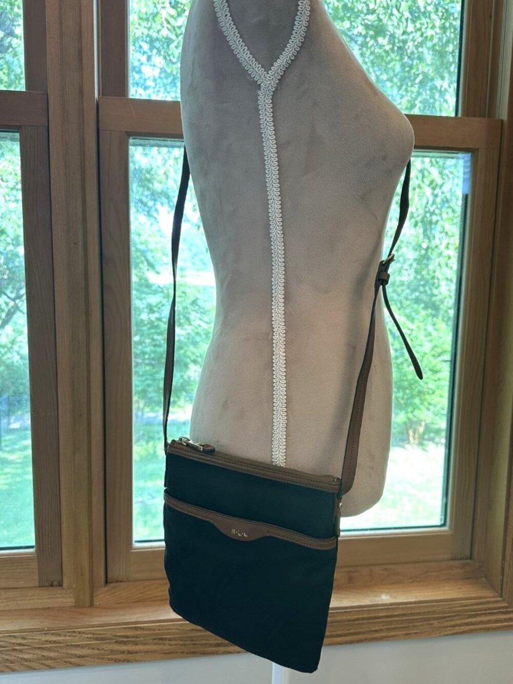 Ralph Lauren RLL Black Equestrian Jacquard Crossbody Bag Brown Leather Trim
